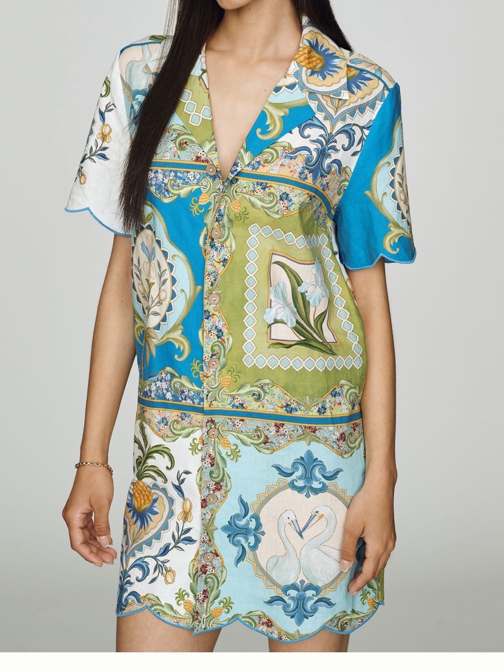 FARM Rio Blue and Green Scarf-Print Short Button Dress
